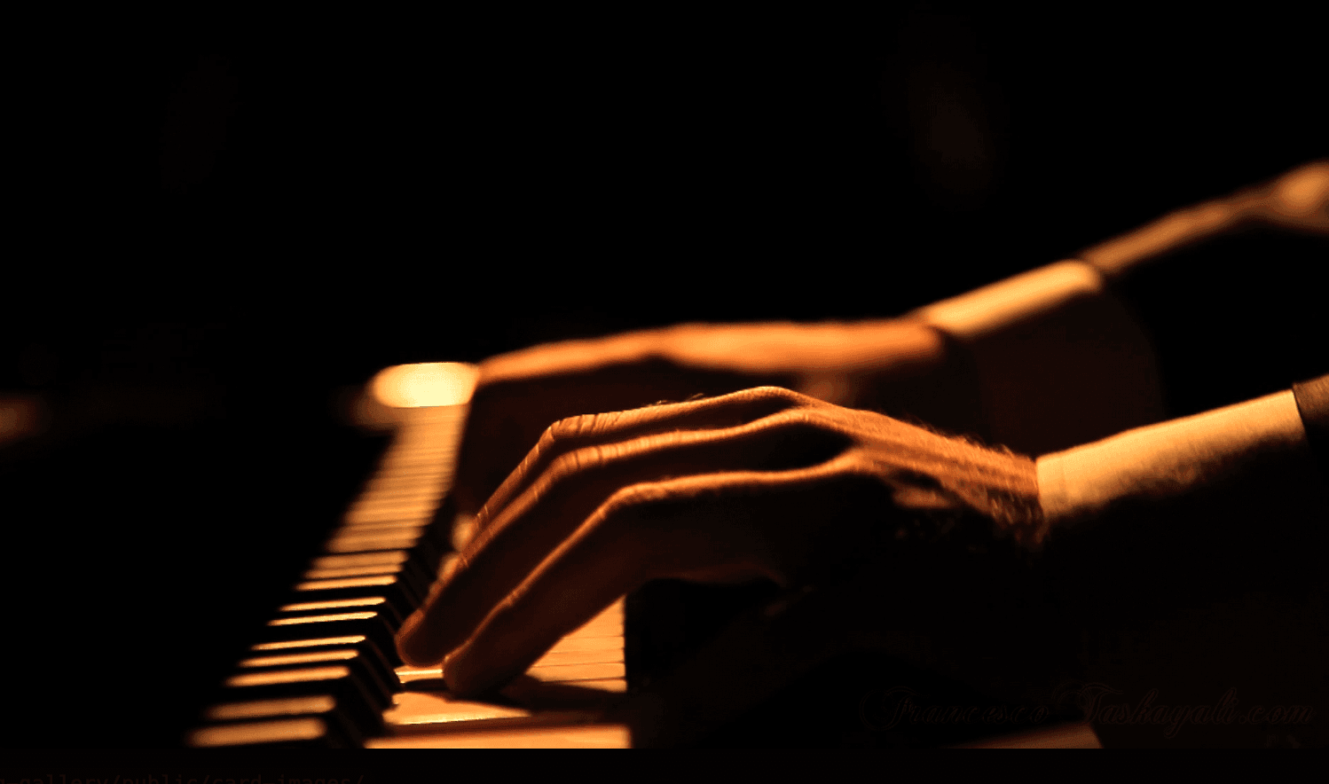 A pianist's hand playing piano keys